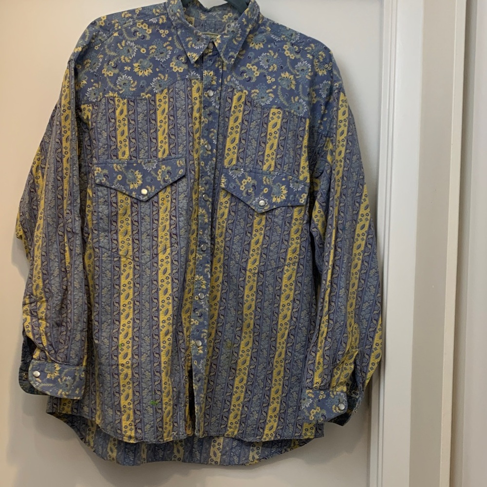 Vintage Men's Patterned Button-Up Shirt in Blue and Yellow